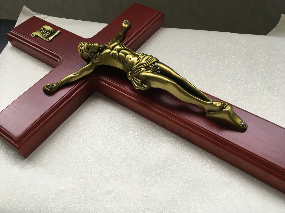 

Boutique60CMCentimeter Home Church Redwood Natural Solid Wood Large Cross Bronze Jesus Icon Pendant Jewelry Crafts