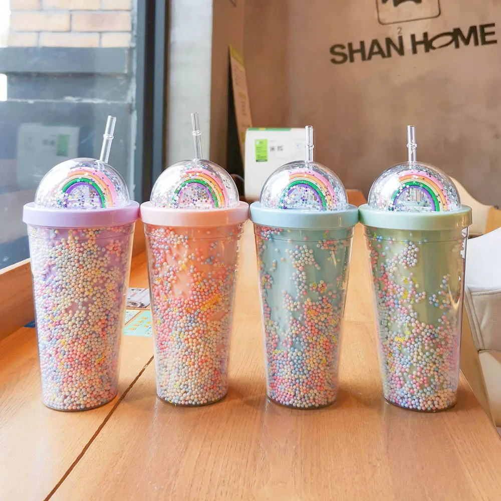 

Outdoor Portable Rainbow Plastic Drinking Cup Fashion High Capacity Straw Cup Double Layer Colorful Beads Juice Cup