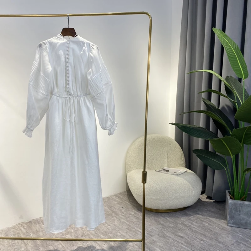 

Australia Fashion Designer Style Linen Dresses for Women 2021 Autumn Hot Sale Whited Buttons Elegant Backless Clothing