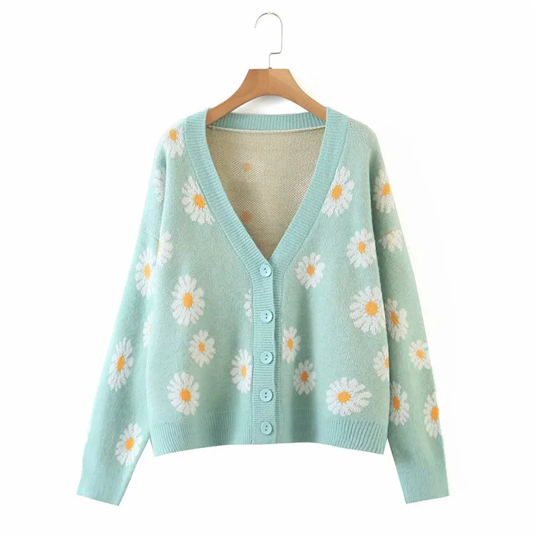 Kpytomoa Femme Fashion Print Soft Sweater Ladies Full Sleeve Floral Single Little Daisy V-Neck Pull Oversize Cardigan Streetwear |