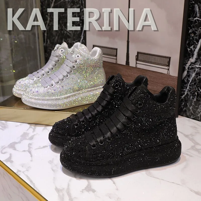 

Women Black Bling High Top Thick Sole Casual Shoes Lace Up Male Glitter Sneakers Flat Leisure Trainer Shoes Luxury Designer