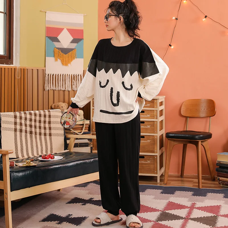 

Long Nose Cartoon Long Sleeve Pajamas Women's Spring and Autumn Korean Style Loose Cotton Suit Students Summer Winter Home Wear