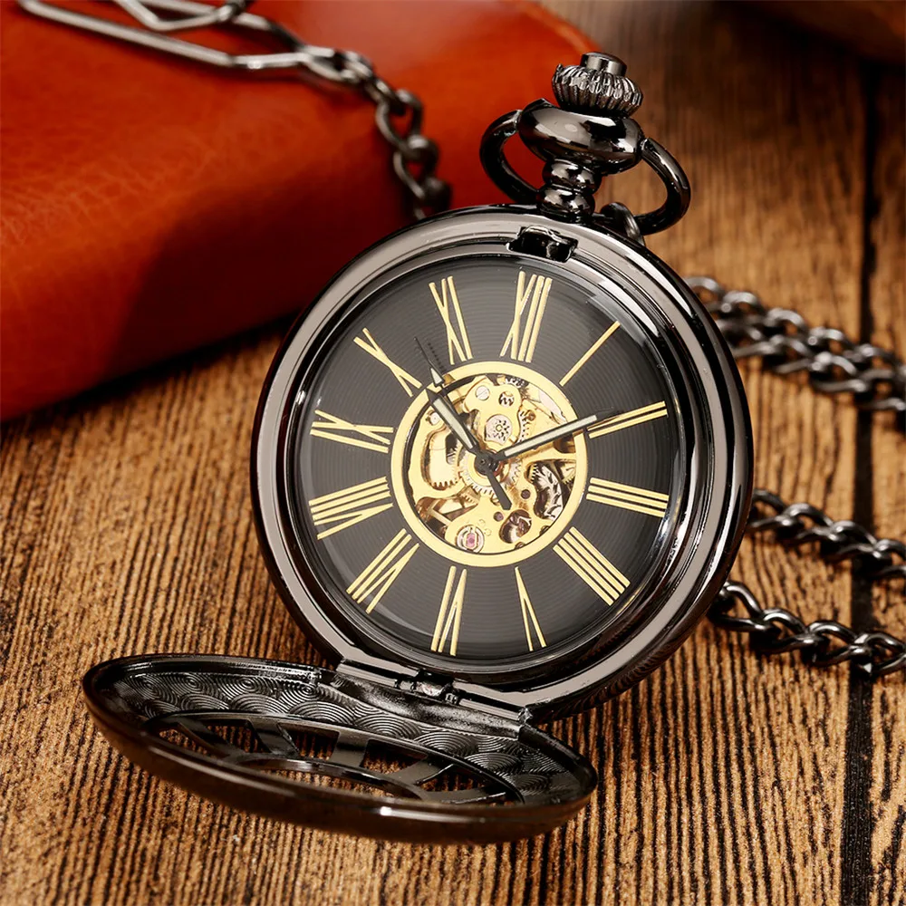 Mechanical Self Winding Pocket Watch Hollow Wheel Gold Roman Numerals Display Antique Pendant Pocket Timepiece with Thick Chain