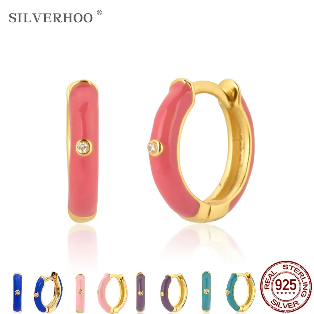 SILVERHOO 925 Sterling Silver Rose Red Hoop Earrings 5 Colors Women Piercing Pendientes Ohrringe Earring Fine Jewelry Crystal