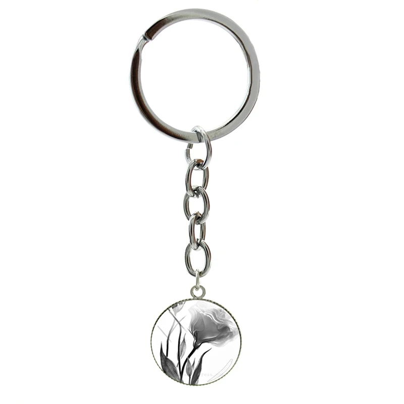 

Traditional Chinese Painting Flowers Vintage Keychains 20mm Round Glass Cabochon Pendant Key Rings For Anniversary