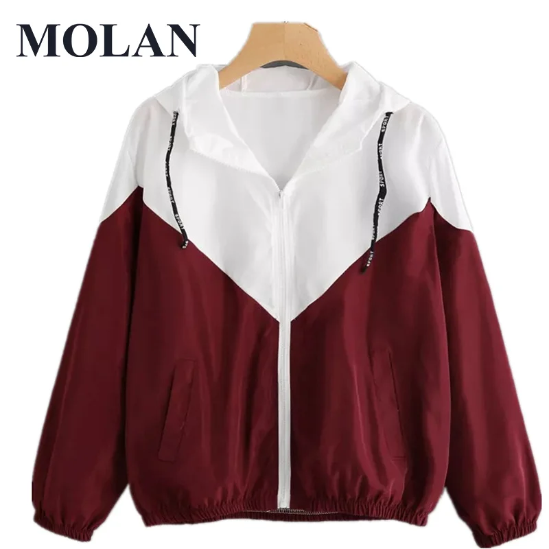 

Women New Chic Sports Jacket Patchwork Windbreak Sunscreen Long Sleeve Hoodied Zipper Fashion Thin Casual Female Fashion Coat