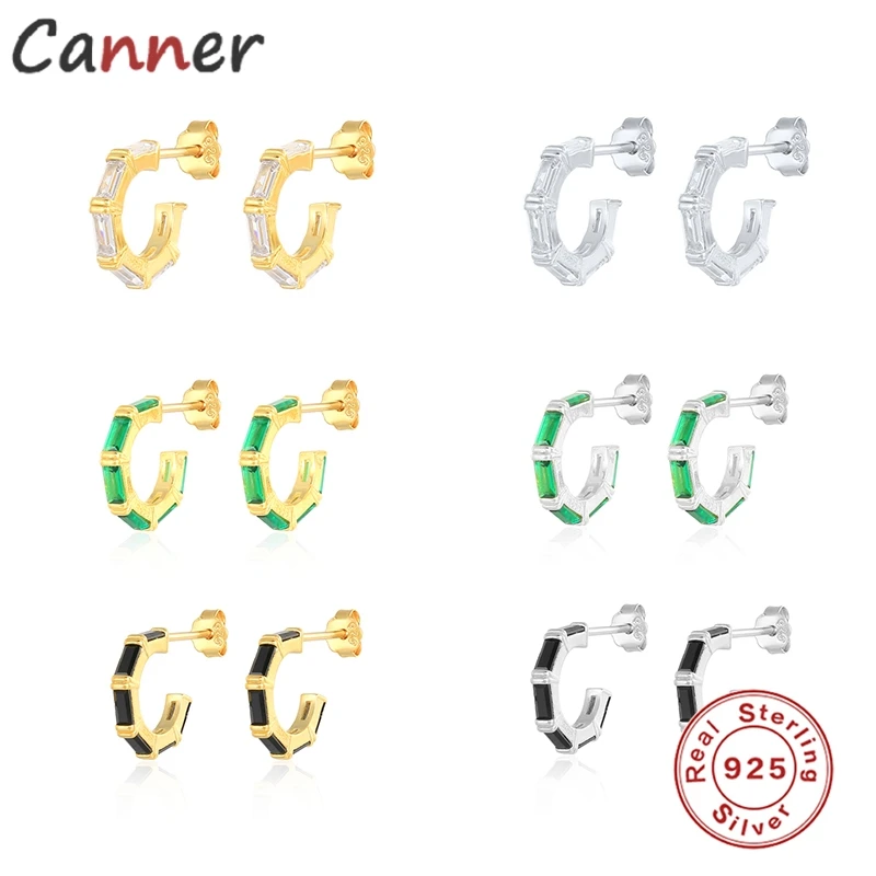 

CANNER Real 925 Sterling Silver Black/Green Zircon CZ C-Shape Stud Earring For Women Piercing Pendientes Fashion Earring Jewelry
