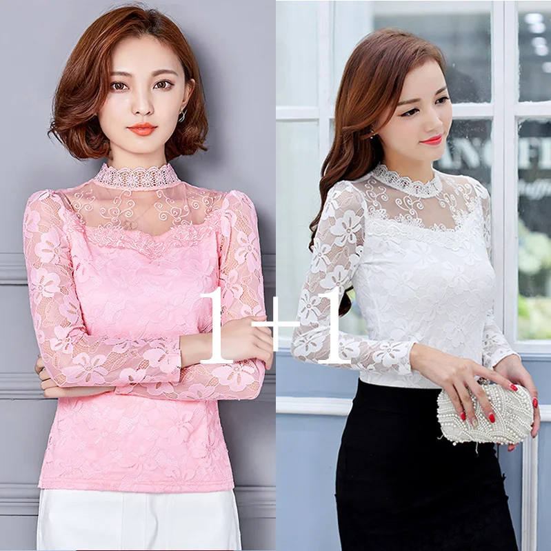 Femininas Blusas, женские блузки, весна-осень, модные сексуальные облегающие Рубашки, Топы, кружевные, с длинным рукавом, с круглым вырезом, для отдыха, черные/белые S-5XL - Цвет: Pink-White