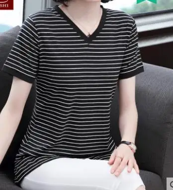 

Black and white striped short-sleeved t-shirt 2021 new large size mid-length V-neck top