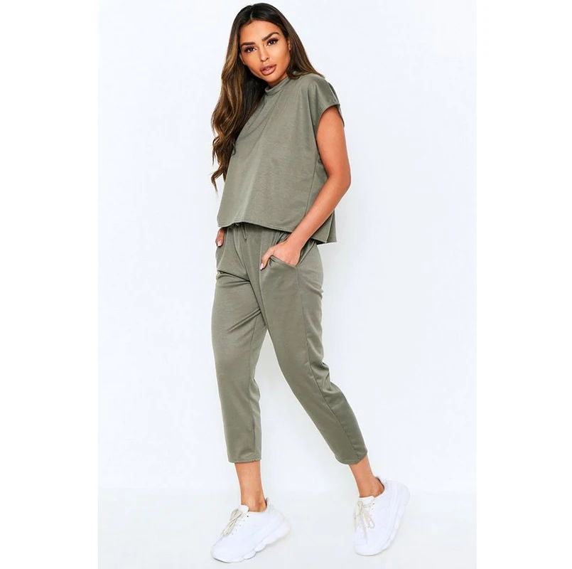 

Summer casual solid tracksuit Womens short sleeve T-shirt tops Cropped pants two piece set costume