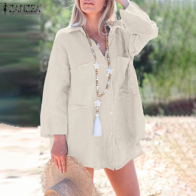 

ZANZEA Autumn Femme Party Clothing Tops Elegant Casual Long Sleeve Blouse Women Button Solid Shirt Lapel Pocket Chemise Oversize