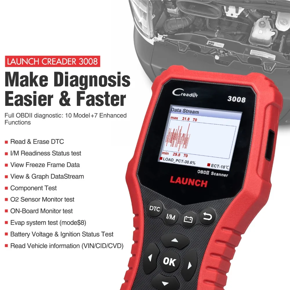 

LAUNCH Creader 3008 Code Reader Scanner Support obd2 with Battery tester CR3008 OBDII diagnostic tool