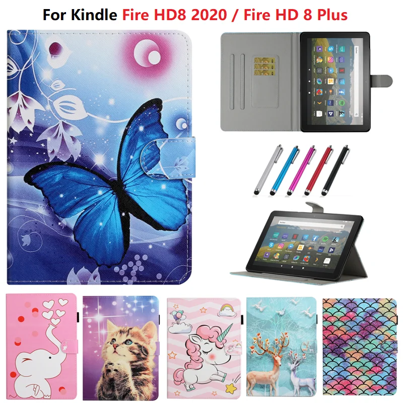 Чехол с единорогом для Kindle Fire HD 8 чехол 2020 / Hd Plus бабочкой HD8 кожаный бриллиантами |