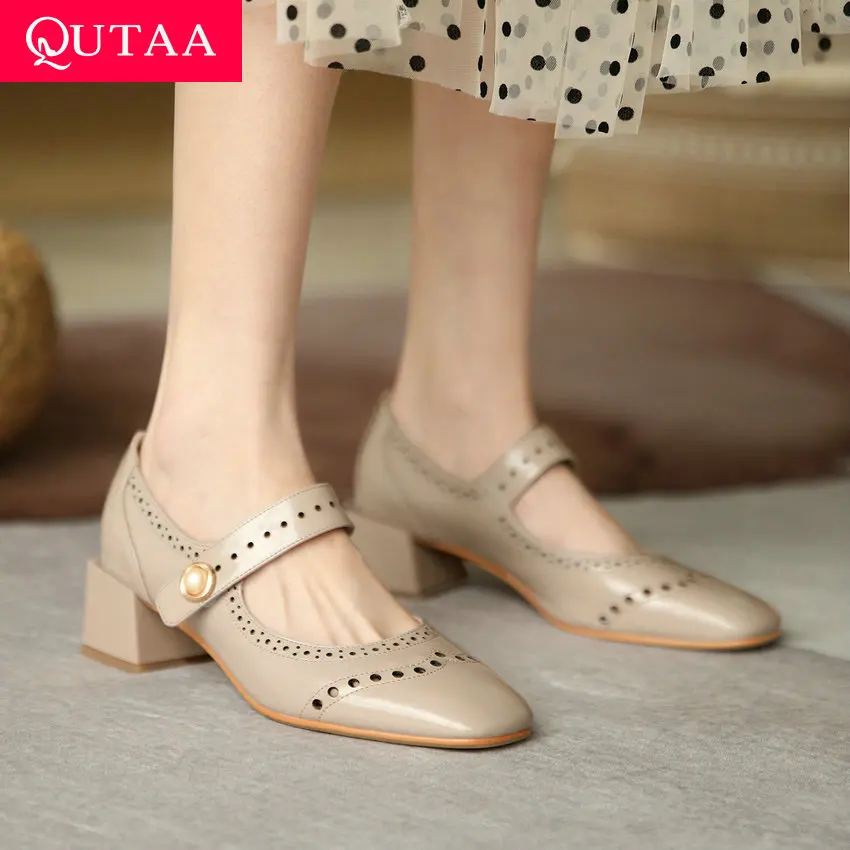 

QUTAA 2021 Cut Outs Genuine Leather Fashion Women Pumps Square Toe Hook&Loop Spring Summer Square Heel Female Shoes Size 34-39