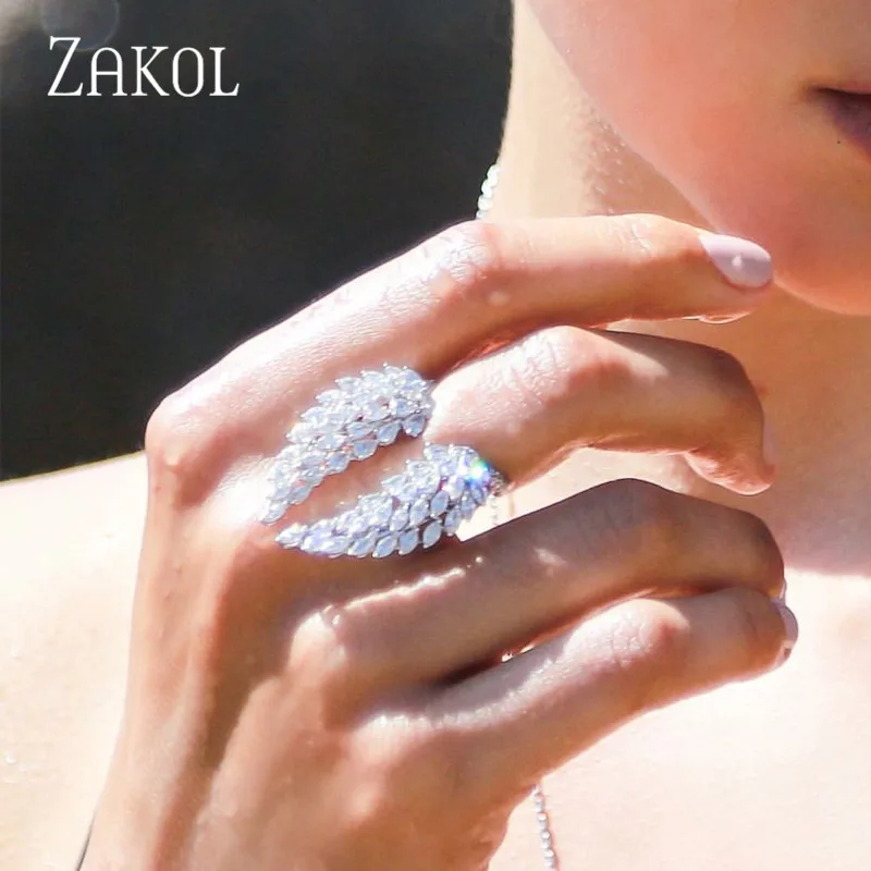 ZAKOL, романтическое Стильное кольцо белого цвета с циркониевыми крыльями, модное регулируемое кольцо на палец в виде листа для женщин и девочек, ювелирные изделия FSRP2022