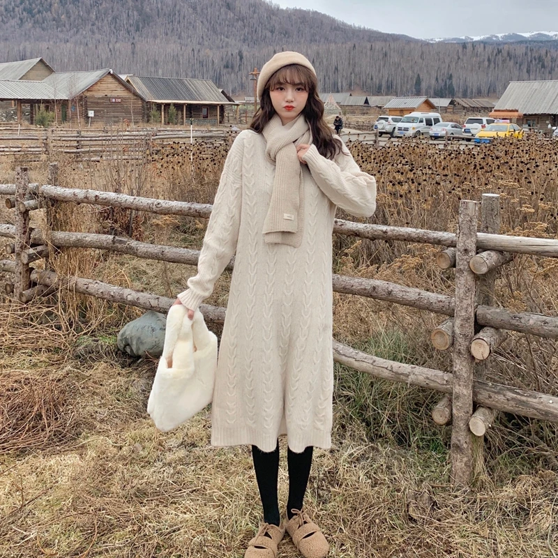 

Make firm offers qiu dong han edition lazy wind round collar twist joker thickening knitting dress over-the-knee sweater