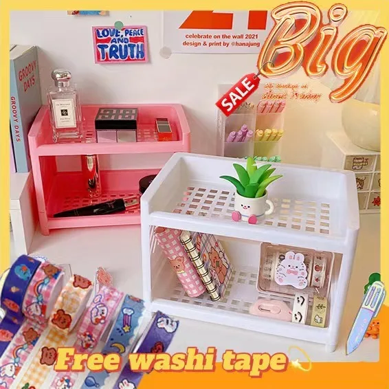 

Double Fold Storage Shelf Simple Desktop Storage Shelf Pink Desk Accessories Organizer Office School Supplies