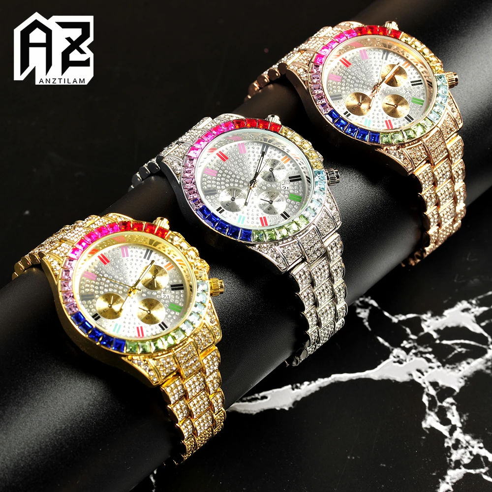 Часы наручные кварцевые с блестящими бриллиантами золотистые и Серебристые