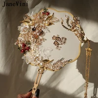 janevini luxury gold phoenix chinese bridal bouquets fan cover face artificial lace flowers pearls metal fan wedding accessories