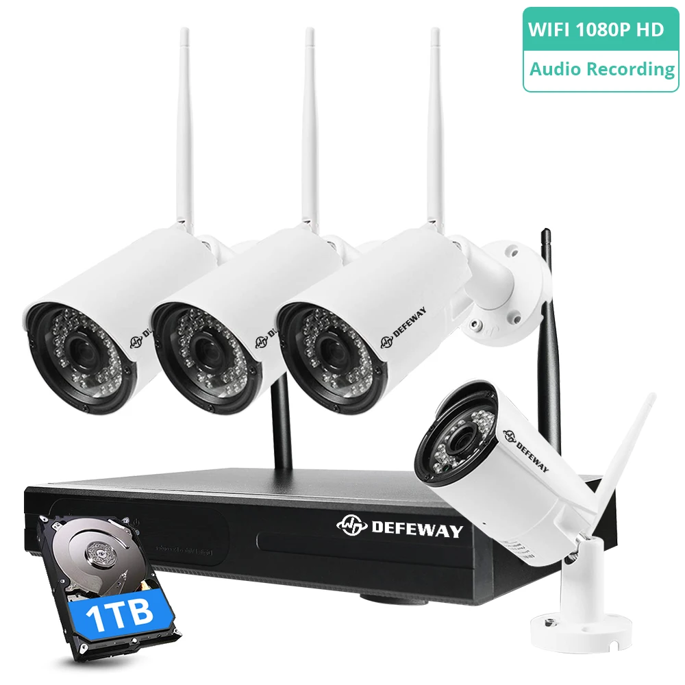 DEFEWAY Беспроводная система видеонаблюдения с Аудио Видео видеонаблюдением WiFi комплект 8CH 1080P HD NVR H.265+ система видеонаблюдения 2.0MP 4 шт. Wifi камеры