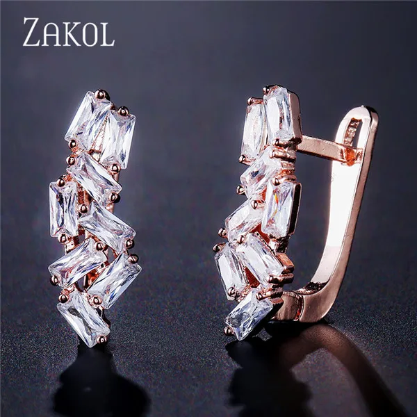 Rose Gold Color ZAKOL романтический стиль AAA кубические серьги-кольца с цирконом для женщин Свадебная вечеринка ювелирные изделия FSEP668 - Окраска металла: Rose Gold Color