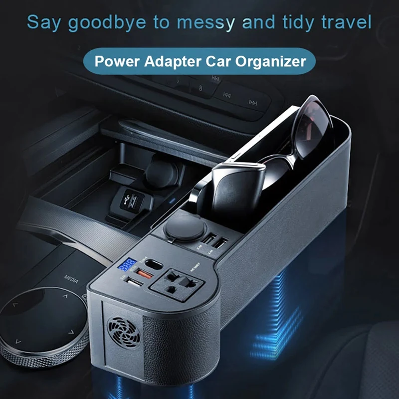 

Car Seats space Filler Organizer 12V to 220V Console Side Storage Box LED Voltage Display with QC3.0 USB Ports Type-C