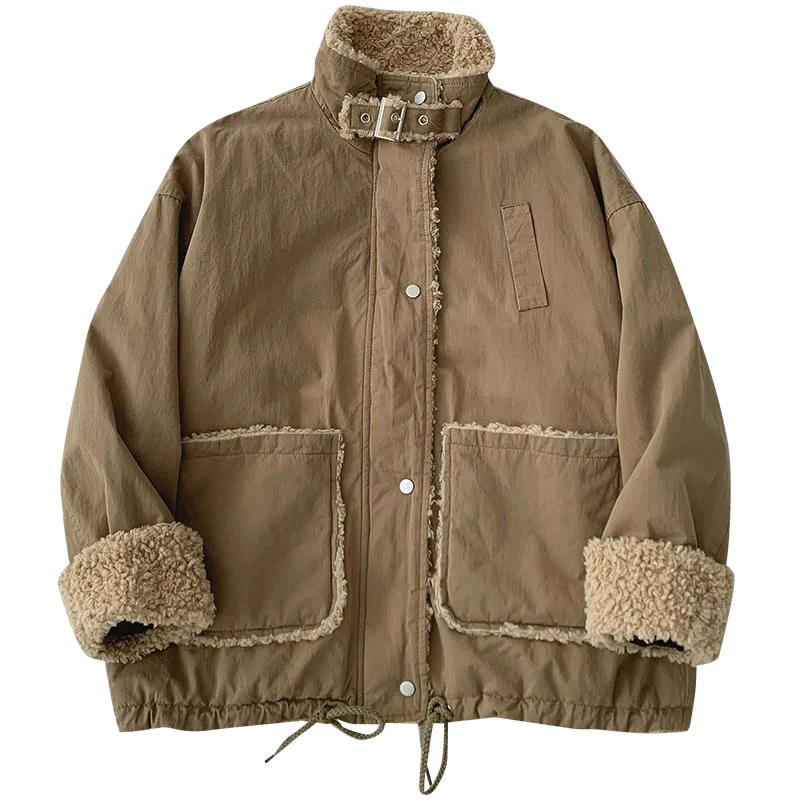 

Lamb Fur Women Coats Winter New Solid Turtleneck Stand Collar Long-Sleeved Loose Pocket Thicken Warm Female Outwear Tops