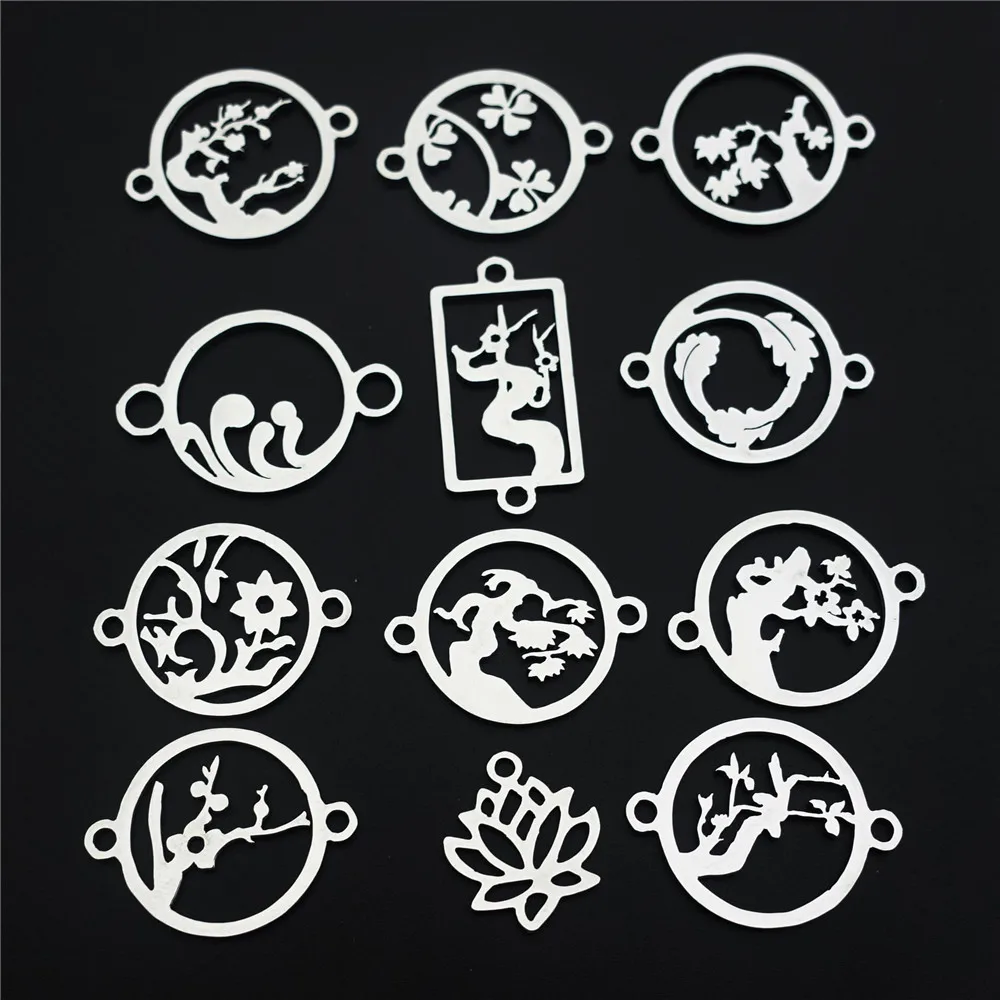 

5 Pieces Stainless Steel Connector Link Spoondrift Pine Tree Lotus Wintersweet Plum Blossom for Diy Bracelet Jewelry Findings