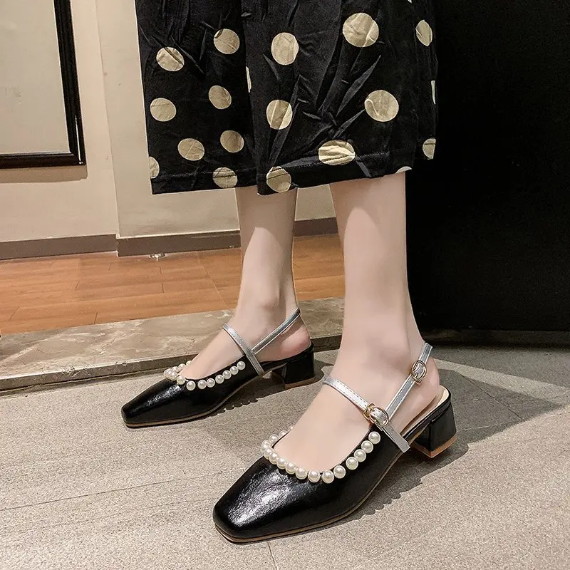 

Female Sandal Med Shoes Closed Toe 2021 Summer Block Heels Girls Medium Beige Chunky New Clear Comfort PU Microfiber Back Strap