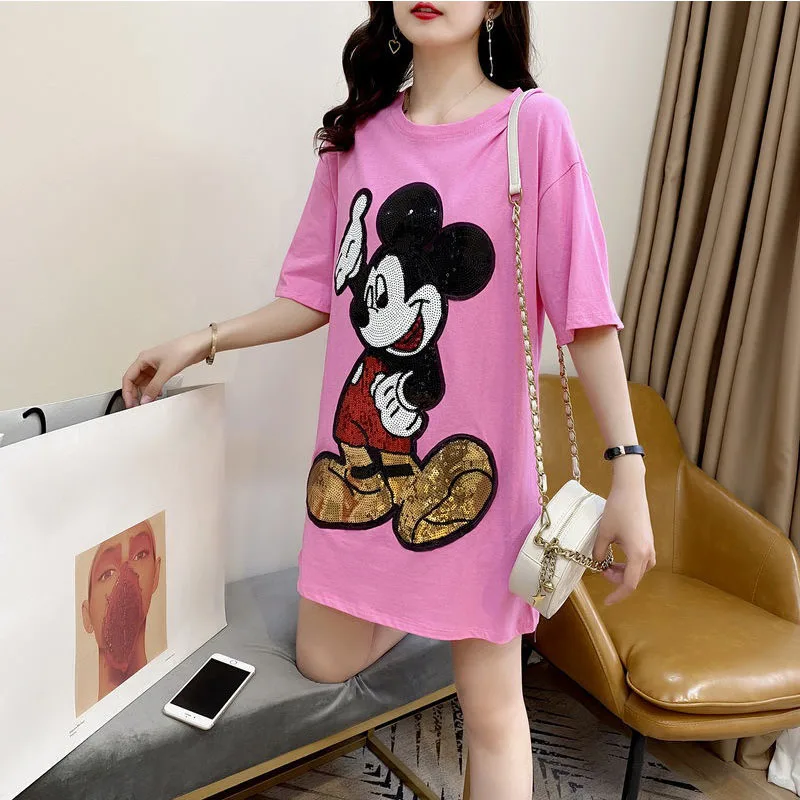 

Mickey Print T Shirt Short-Sleeved Mid-Length Kawaii T-Shirt Women Summer Tops Korean Cartoon Sequins Embroidery Loose Tee Top