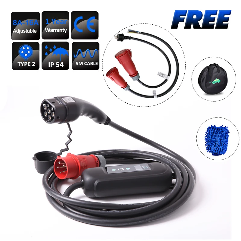 Кабель для быстрой зарядки EV тип 2 16 А 11 кВт IEC 62196 портативный с регулируемым током