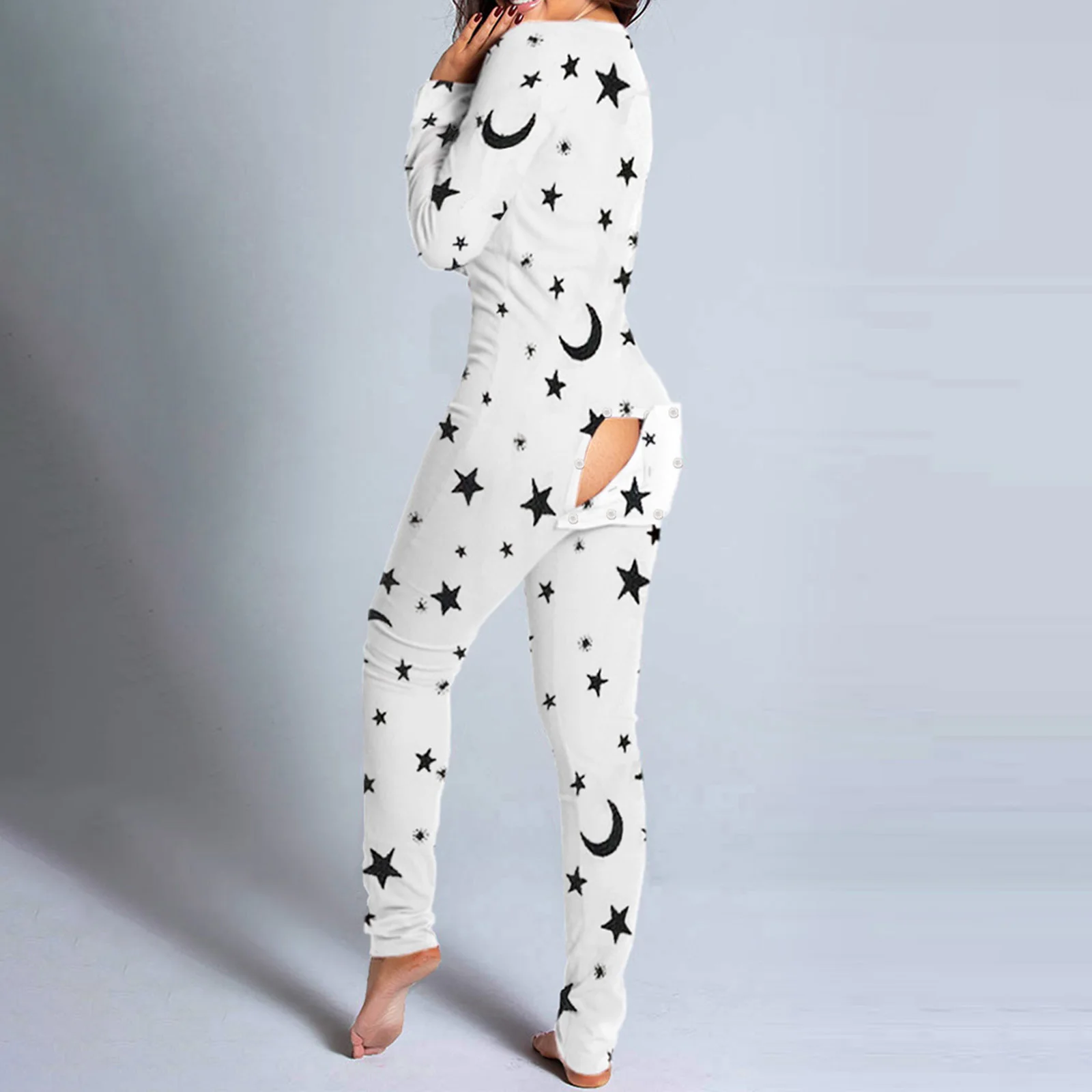 

Sexy Women Christmas Cutout Functional Buttoned Flap Adults Pajamas Club Button Design Plunge Lounge Jumpsuit