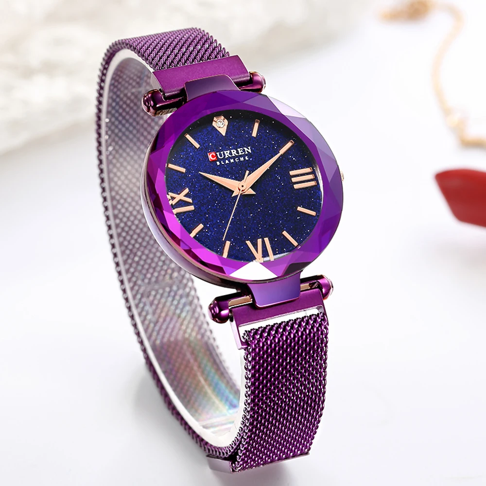 Luxury Diamond Ladies Watches CURREN Fashion Creative Women Wristwatch Romantic Starry Sky Quartz Watch Valentine Gift Purple | Наручные