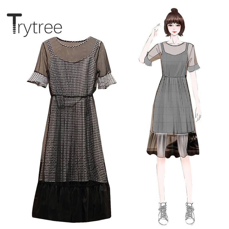 

Trytree 2020 Summer Women two piece set Casual O-neck Mesh A-line Dress + Sling Dress Plaid Mini Fashion Set 2 piece set