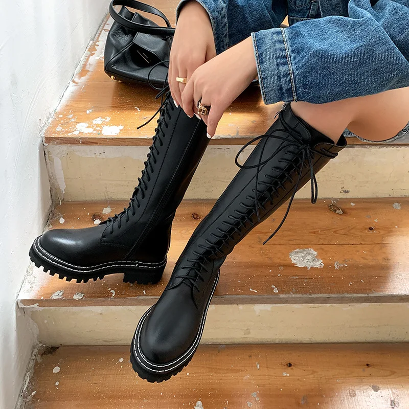 

Cross Lace Knight Boots Women 2020 New Autumn and Winter Round Toe Thick Bottom Knee-length Shoes Wild High-top Motorcycle Boots