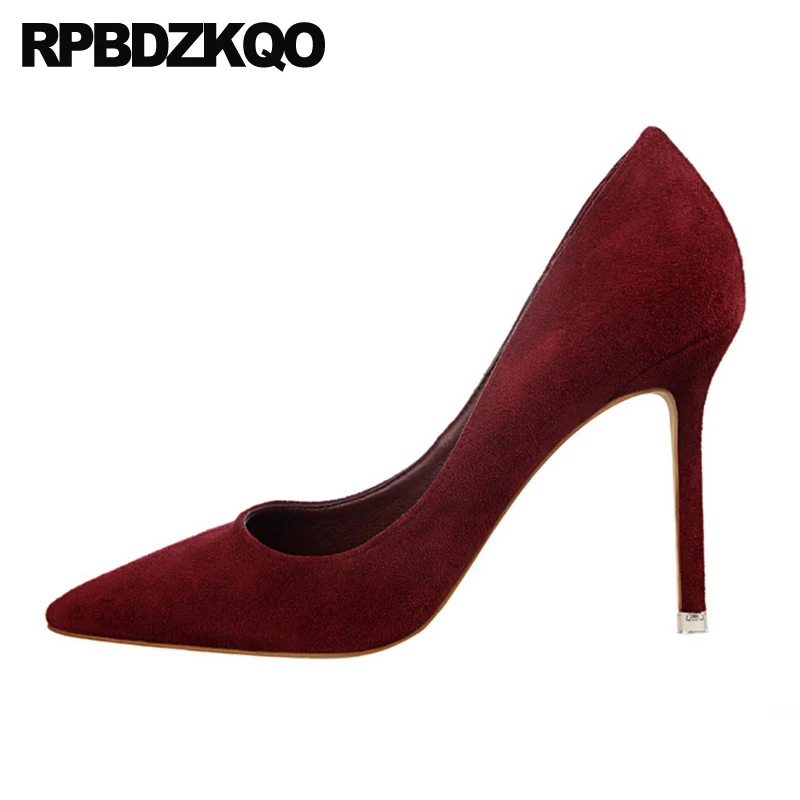 Женские замшевые туфли на высоком каблуке темно-красные туфли-лодочки с острым