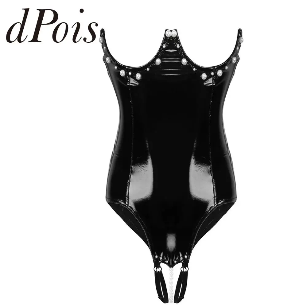 Женский открытые чашечки сексуальный слитный женское белье из лакированной кожи