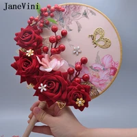 janevini new unique fan type chinese style wdding bouquets jewelry bridal flowers artificial red silk rose wedding accessories
