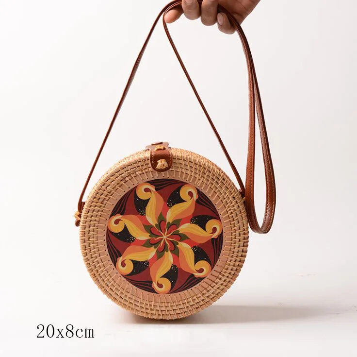 flower J 20X8cm Солнечный пляж, ручные тканые сумки, круглая сумка с пряжкой, Ротанговые соломенные сумки, ранец, богемная пляжная круглая сумка - Цвет: flower J 20X8cm