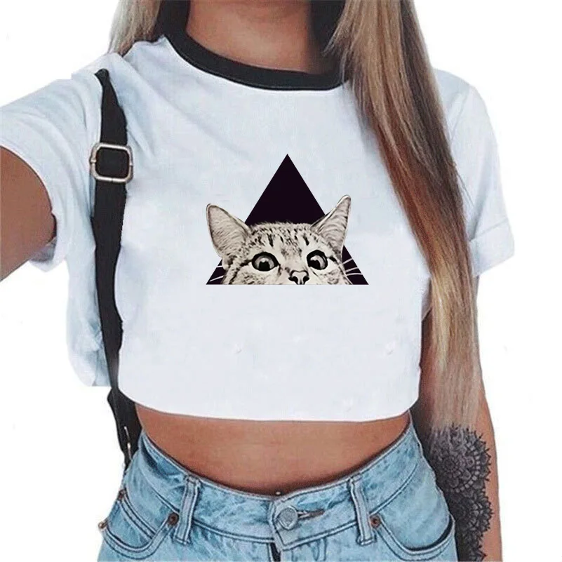 

Women's T-shirt Short Sexy Style Tee Cute Cat Girl Pattern Print Short Sleeve Harajuku Cut Fashion Trend