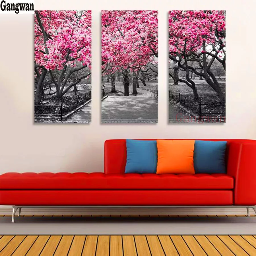 

5d Diy Diamond Painting black white pink tree scenery embroidery Diamond Cross Stitch Europe art Home Decor 3 pcs Diamond decor