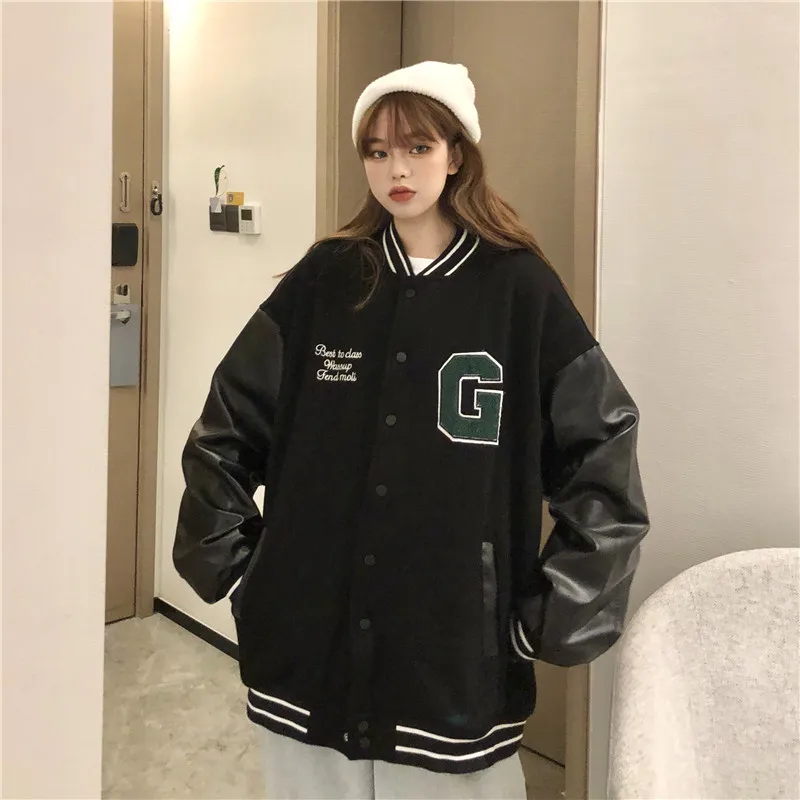 

Women's Clothing 2021 Harajuku Bomber Jacket College Casual Baseball Jacket Vintage Korean Fashion Women's Spring Jacket Black