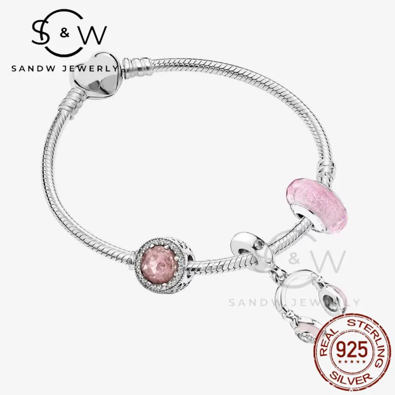 

Sterling Silver 925 Pink Glass Beads Bracelets Girl Accessories diy Jewelry Party Fashion Gift For Friends Free Shipping