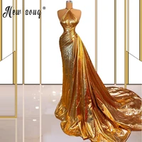 african sexy gold high split side mermaid evening dress 2021 shiny halter pleated fashion party gown longue robes robe soiree