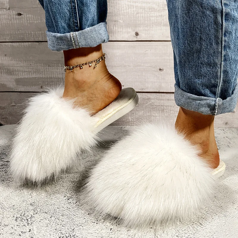 

Fur Slide for Women Spring Furry Slippers Female Cute Fluffy Home Shoes Ladies Indoor Fur Sandals Feminina
