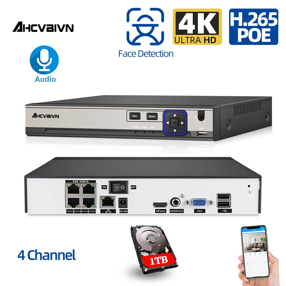 

Сетевой видеорегистратор AHCVBIVN Nvr, 4 канала, Poe, поддержка Ip-камер, 4K