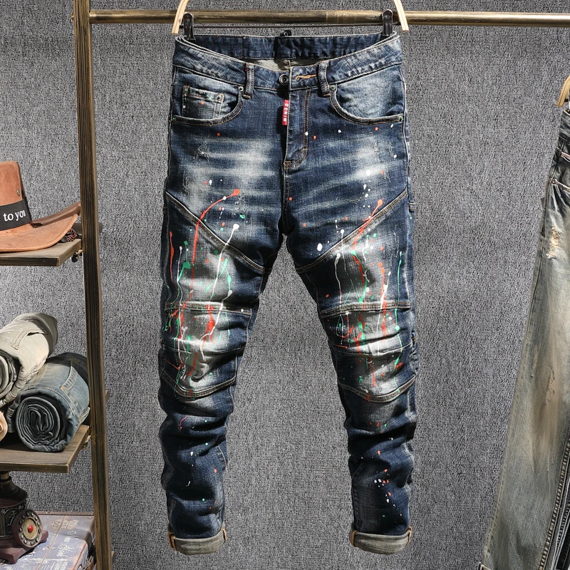 

2021 Streetwear Men Jeans High Quality Paint Designer Ripped Jeans Men Elastic Spliced Denim Biker Pants Hip Hop Slim Jeans