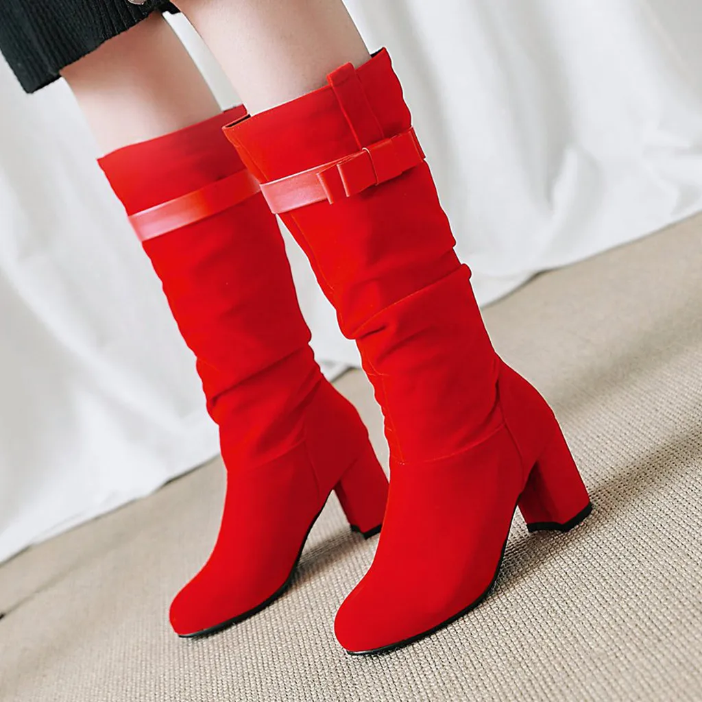

Woman's New Fashion Calf Boots Autumn Winter Elegent Calf Warm Slip-On Shoes Round Toe Women Chunky Heels Snow Boots