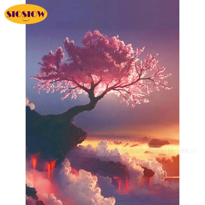 Алмазная 5d картина сделай сам с закатом пейзажем деревом полноразмерная круглая