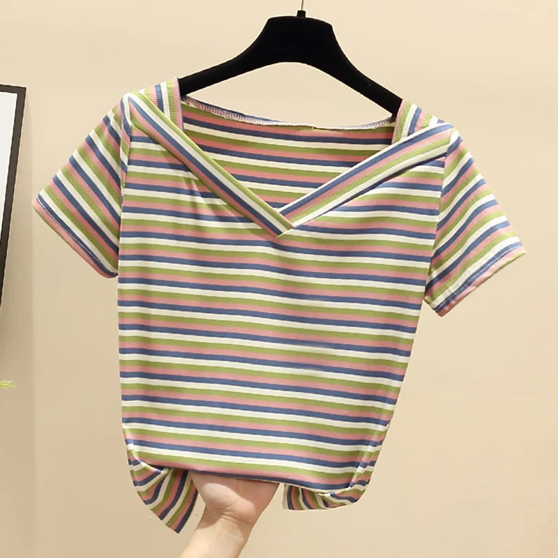 Женская футболка в полоску с V-образным вырезом хлопковый летний топ Корейском